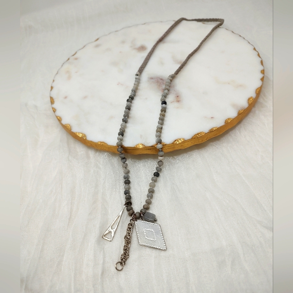 Bohemian gray & white semi-precious small bead stones,gray braided long necklace